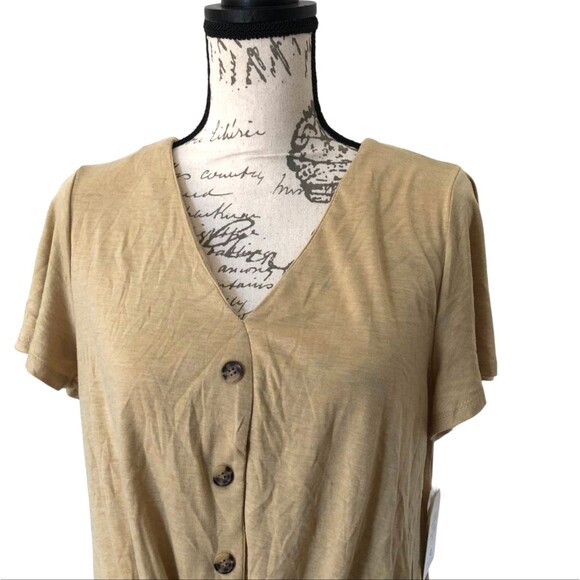 Pinque Tie Front Knit Top LARGE Levona Button Yellow Short Sleeve V-Neck Crop - Picture 4 of 12